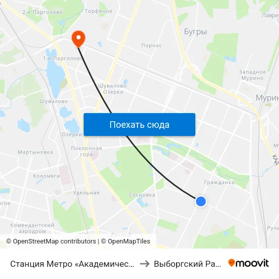 Станция Метро «Академическая» to Выборгский Район map