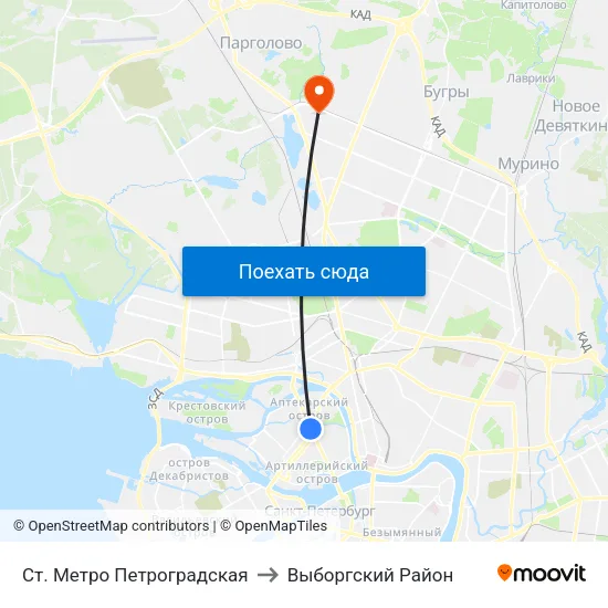 Ст. Метро Петроградская to Выборгский Район map