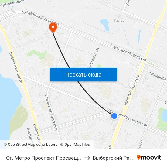 Ст. Метро Проспект Просвещения to Выборгский Район map