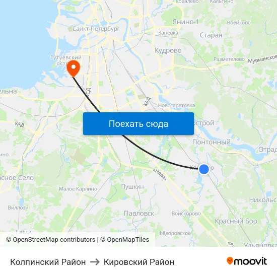 Колпинский Район to Кировский Район map