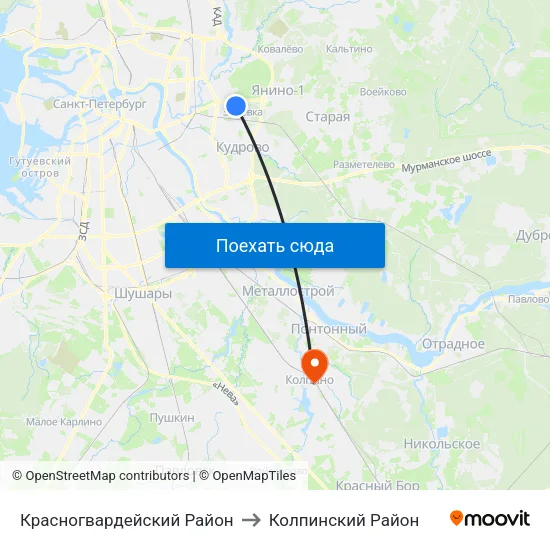 Красногвардейский Район to Колпинский Район map