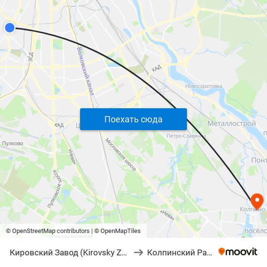 Кировский Завод (Kirovsky Zavod) to Колпинский Район map