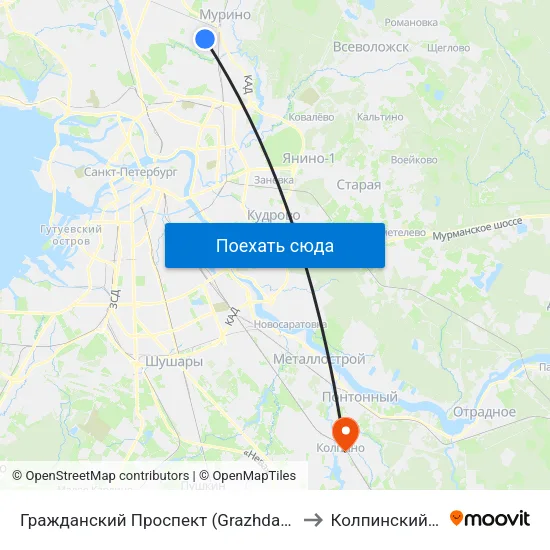 Гражданский Проспект (Grazhdansky Prospekt) to Колпинский Район map