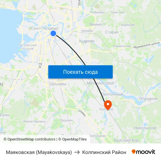 Маяковская (Mayakovskaya) to Колпинский Район map