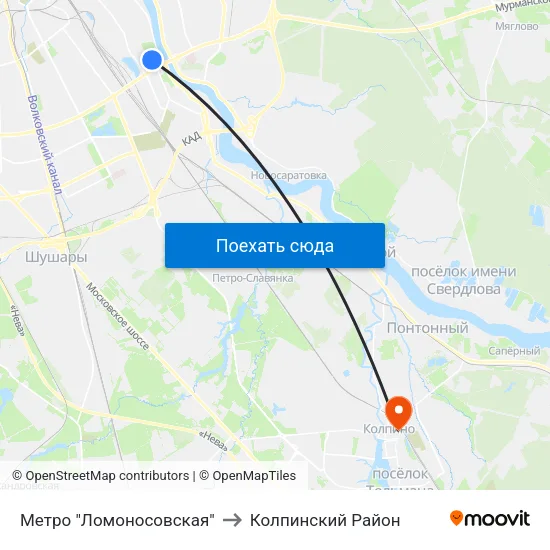 Метро "Ломоносовская" to Колпинский Район map