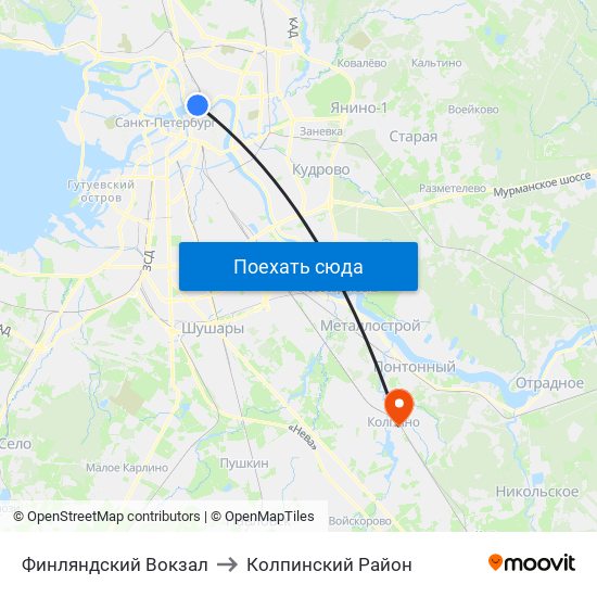 Финляндский Вокзал to Колпинский Район map