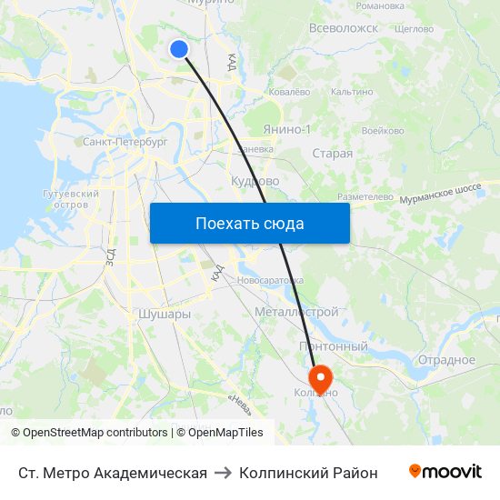 Ст. Метро Академическая to Колпинский Район map