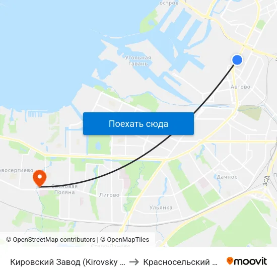 Кировский Завод (Kirovsky Zavod) to Красносельский Район map