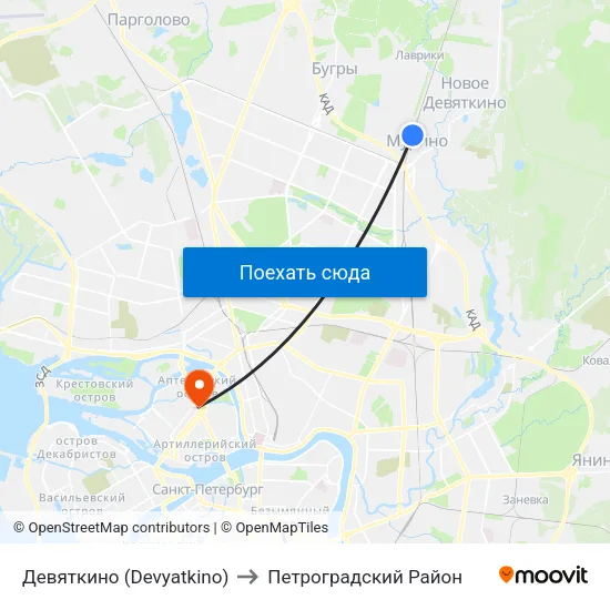 Девяткино (Devyatkino) to Петроградский Район map