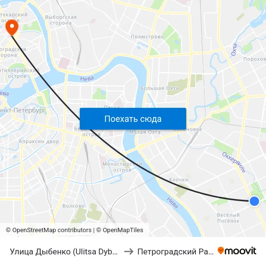 Улица Дыбенко (Ulitsa Dybenko) to Петроградский Район map