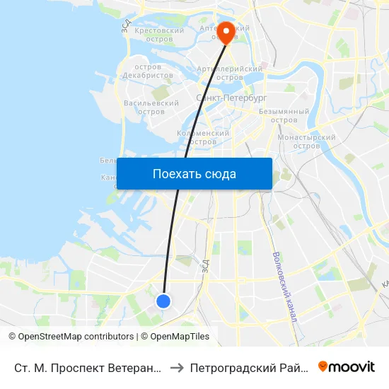 Ст. М. Проспект Ветеранов to Петроградский Район map