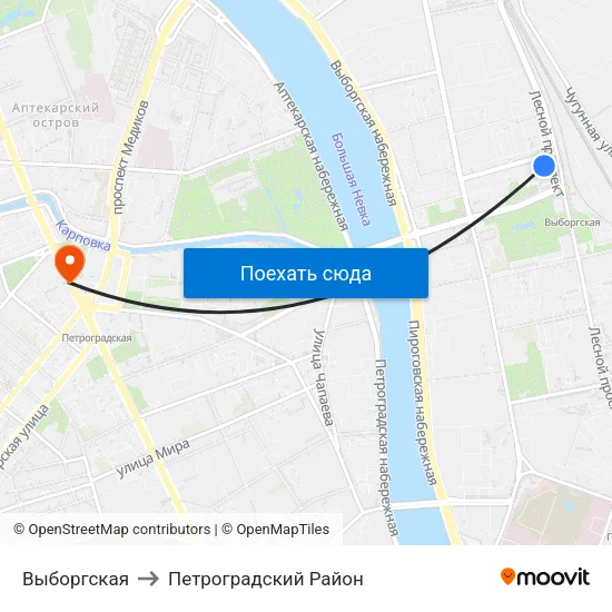 Выборгская to Петроградский Район map
