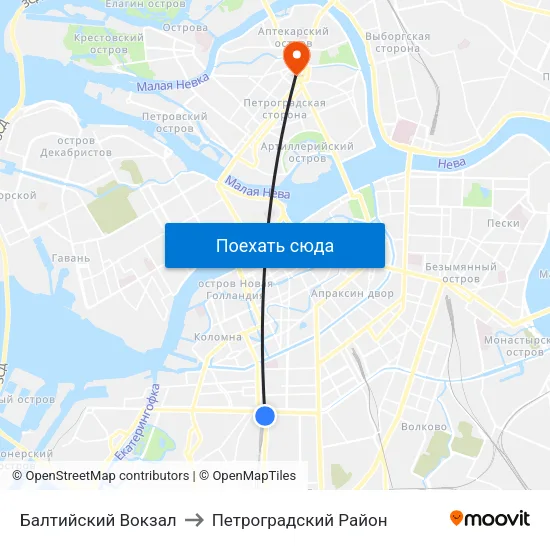 Балтийский Вокзал to Петроградский Район map