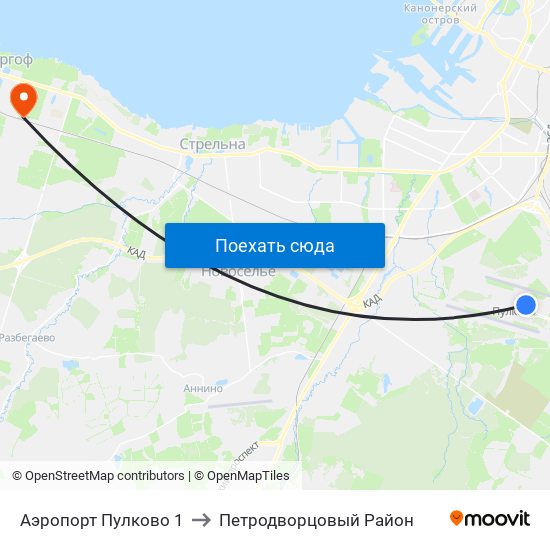 Аэропорт Пулково 1 to Петродворцовый Район map