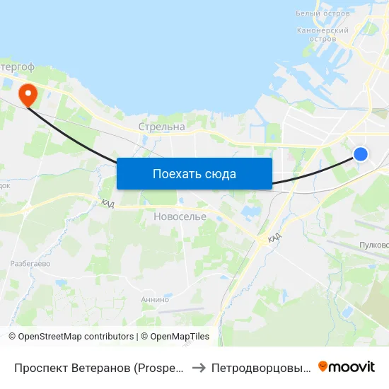 Проспект Ветеранов (Prospekt Veteranov) to Петродворцовый Район map