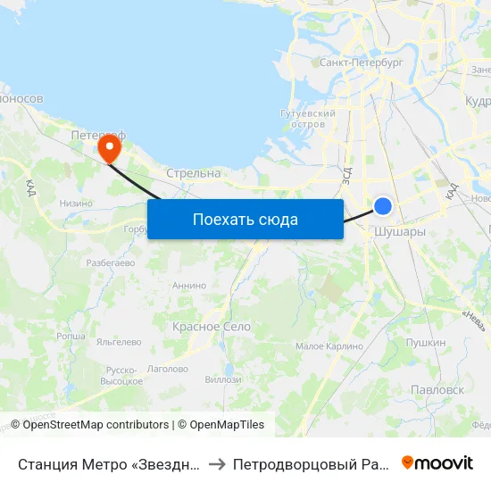Станция Метро «Звездная» to Петродворцовый Район map