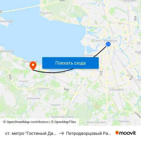ст. метро ''Гостиный Двор'' to Петродворцовый Район map