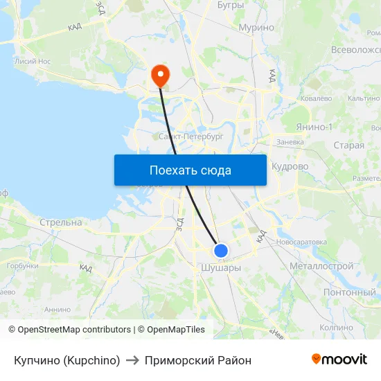 Купчино (Kupchino) to Приморский Район map