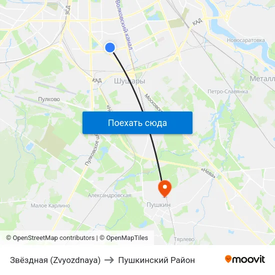 Звёздная (Zvyozdnaya) to Пушкинский Район map