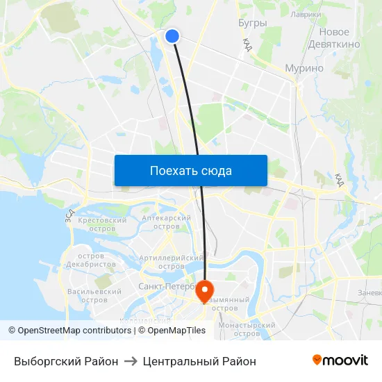 Выборгский Район to Центральный Район map