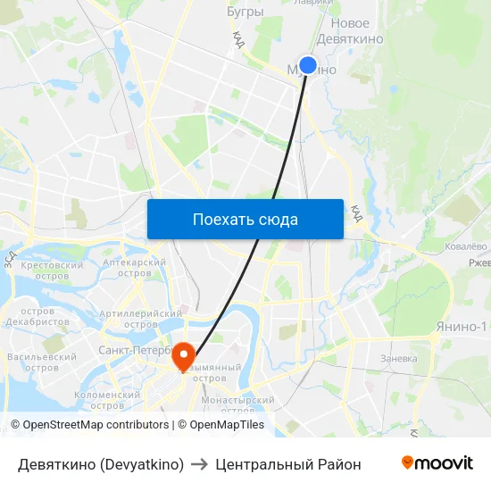 Девяткино (Devyatkino) to Центральный Район map