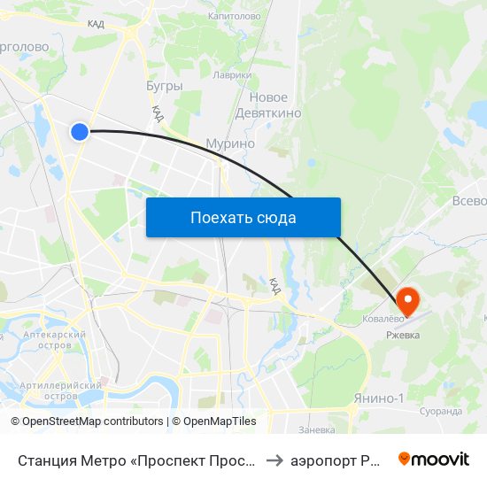 Станция Метро «Проспект Просвещения» to аэропорт Ржевка map