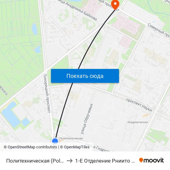 Политехническая (Politekhnicheskaya) to 1-Е Отделение Рниито Им. Р. Р.  Вредена map