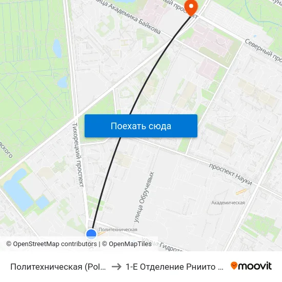 Политехническая (Politekhnicheskaya) to 1-Е Отделение Рниито Им. Р. Р.  Вредена map