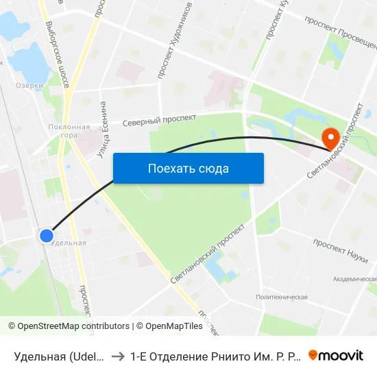 Удельная (Udel'Naya) to 1-Е Отделение Рниито Им. Р. Р.  Вредена map