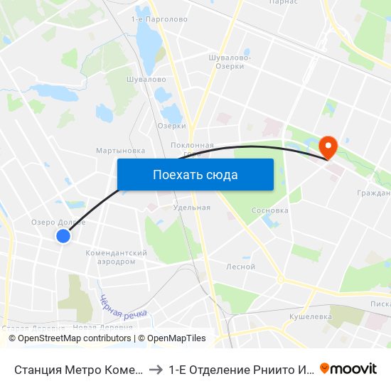 Станция Метро Комендантский Пр. to 1-Е Отделение Рниито Им. Р. Р.  Вредена map