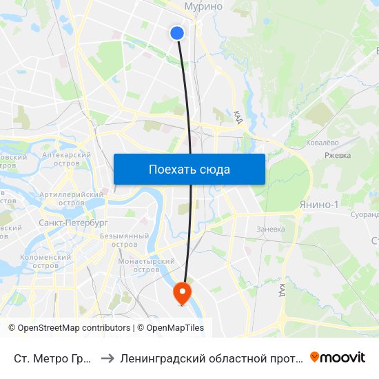 Ст. Метро Гражданский Пр. to Ленинградский областной противотуберкулезный диспансер map