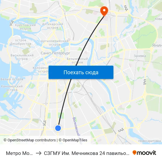 Метро Московская to СЗГМУ Им. Мечникова 24 павильон отделение реанимации map