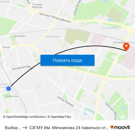 Выборгская to СЗГМУ Им. Мечникова 24 павильон отделение реанимации map