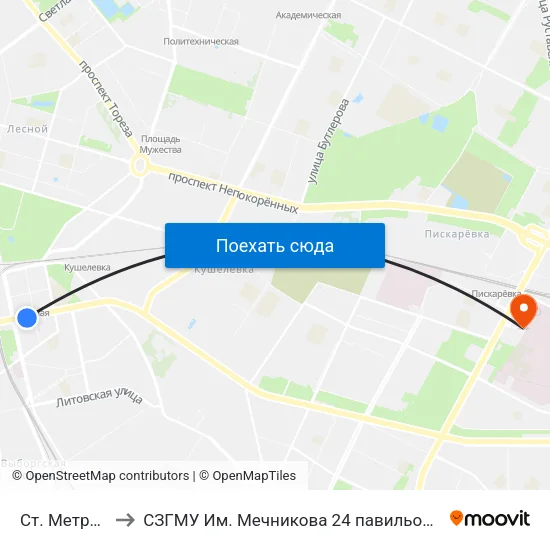 Ст. Метро Лесная to СЗГМУ Им. Мечникова 24 павильон отделение реанимации map