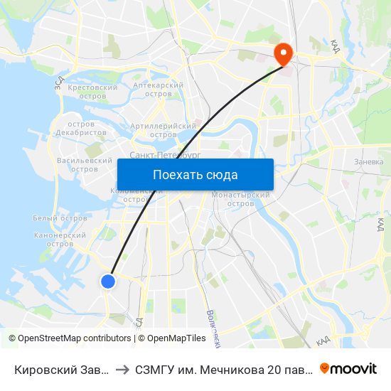 Кировский Завод (Kirovsky Zavod) to СЗМГУ им. Мечникова 20 павильон, отделение травматологии map