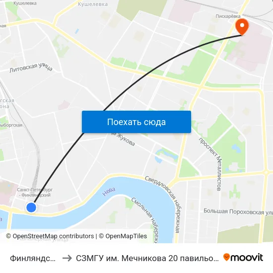Финляндский Вокзал to СЗМГУ им. Мечникова 20 павильон, отделение травматологии map