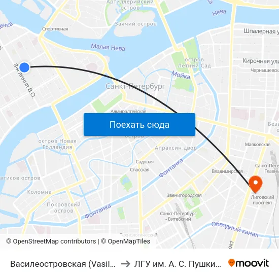 Василеостровская (Vasileostrovskaya) to ЛГУ им. А. С. Пушкина (филиал) map