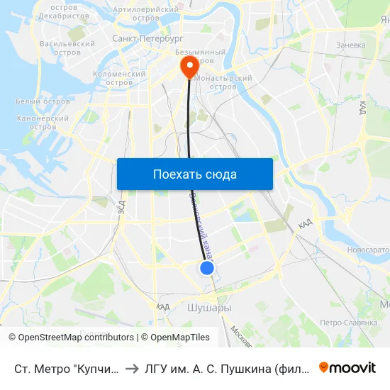 Ст. Метро "Купчино" to ЛГУ им. А. С. Пушкина (филиал) map