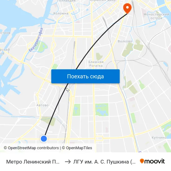 Метро Ленинский Проспект to ЛГУ им. А. С. Пушкина (филиал) map