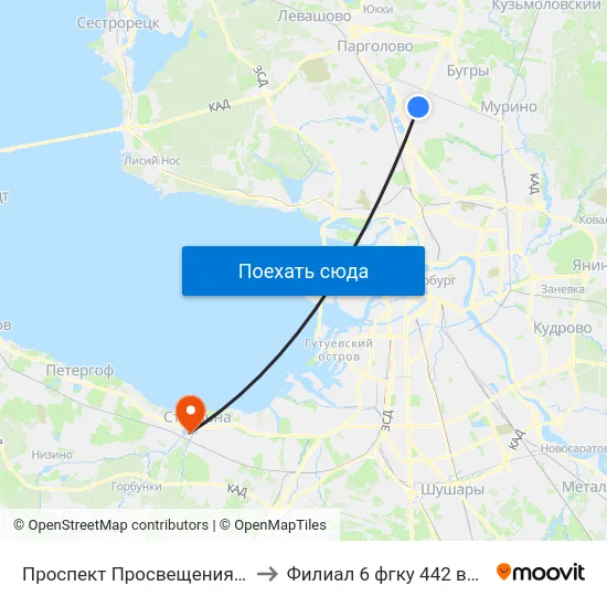 Проспект Просвещения (Prospekt Prosveschenya) to Филиал 6 фгку 442 вкг Минобороны России map