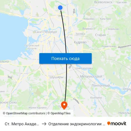 Ст. Метро Академическая to Отделение эндокринологии и нефрологии map