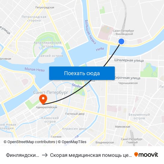 Финляндский Вокзал to Скорая медицинская помощь центрального района map