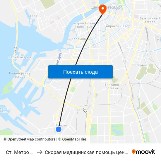 Ст. Метро Автово to Скорая медицинская помощь центрального района map