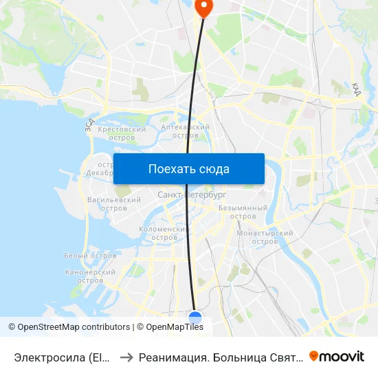 Электросила (Elektrosila) to Реанимация.  Больница Святого Георгия. map