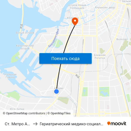 Ст. Метро Автово to Гериатрический медико-социальный центр map