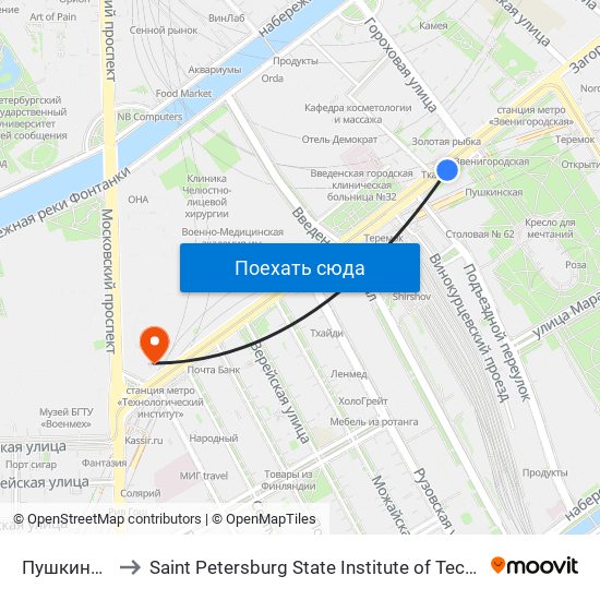 Пушкинская (Pushkinskaya) to Saint Petersburg State Institute of Technology (Санкт-Петербургский государственный технологический map