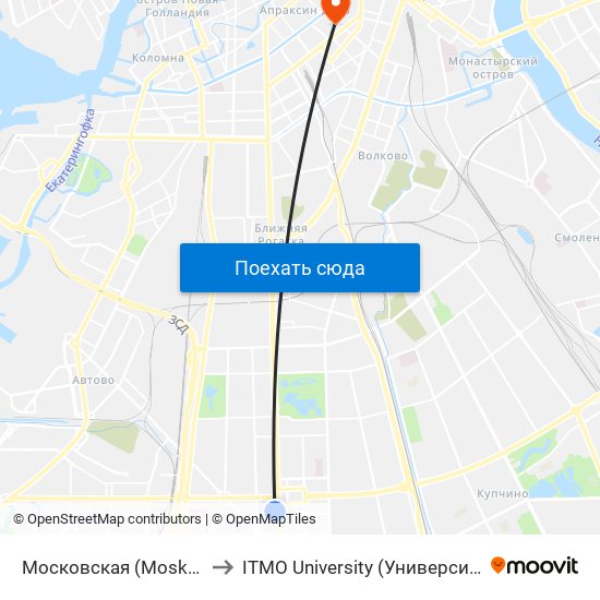 Московская (Moskovskaya) to ITMO University (Университет ИТМО) map