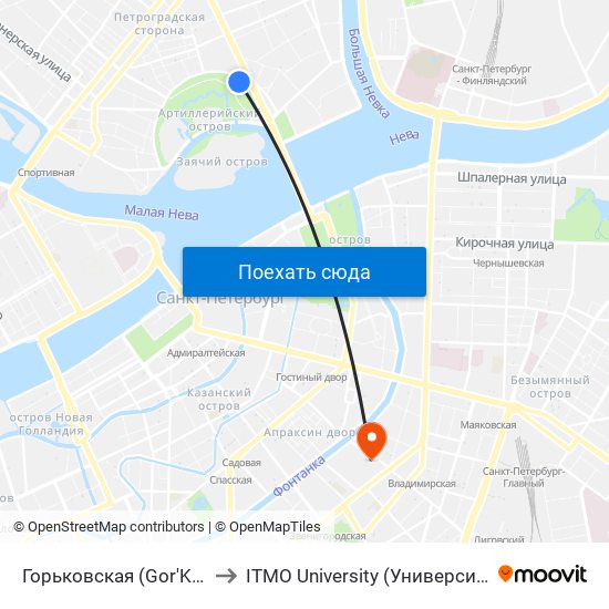 Горьковская (Gor'Kovskaya) to ITMO University (Университет ИТМО) map