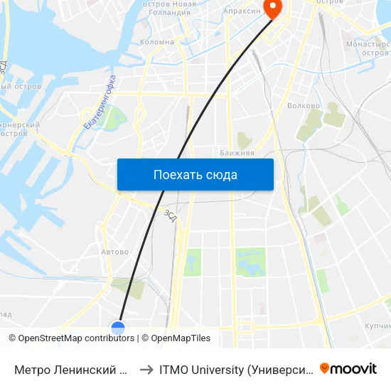 Метро Ленинский Проспект to ITMO University (Университет ИТМО) map