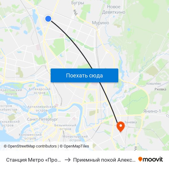 Станция Метро «Проспект Просвещения» to Приемный покой Александровской больницы map